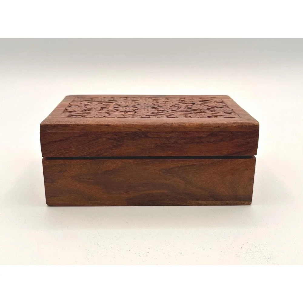 Vintage MCM Wooden Hand-Carved Hinged Lid Keepsake Box